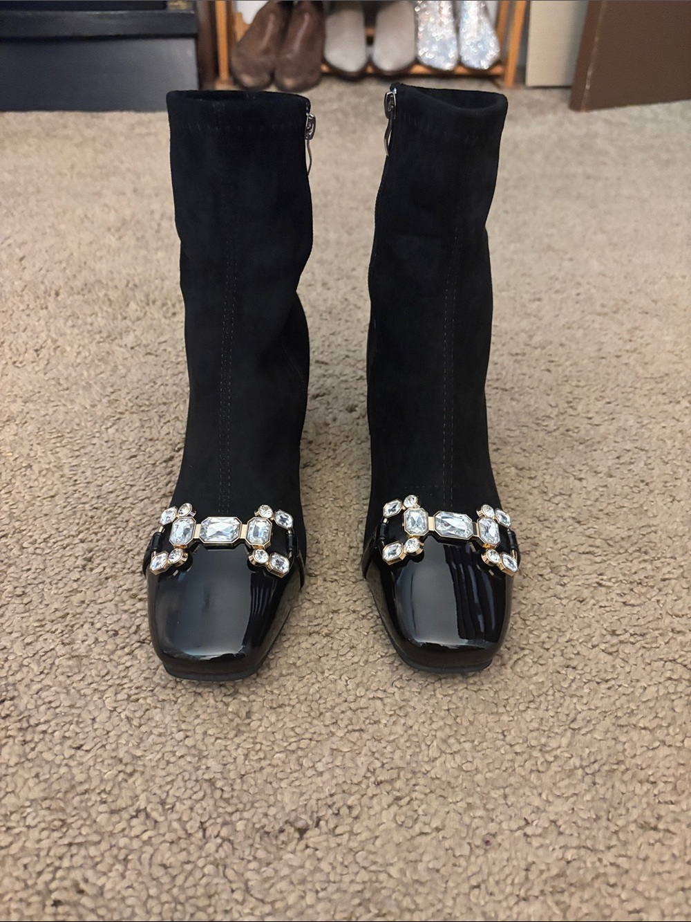 Black Embellished Square-Toe Women's Ankle Boots